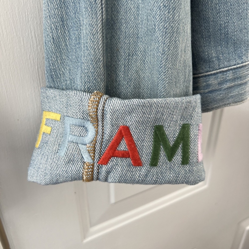 Frame Embroidered Cuffed Jean Jacket Denim Rydell Ave Logo Light Womens Sz Large - Picture 5 of 16
